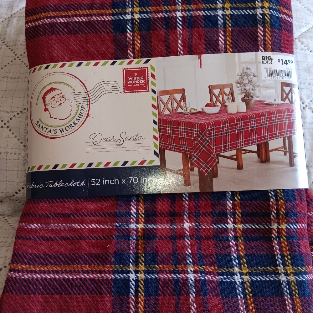 Christmas Santa Workshop Plaid Tablecloth 52 x 70 Rectangle Red Blue Yellow